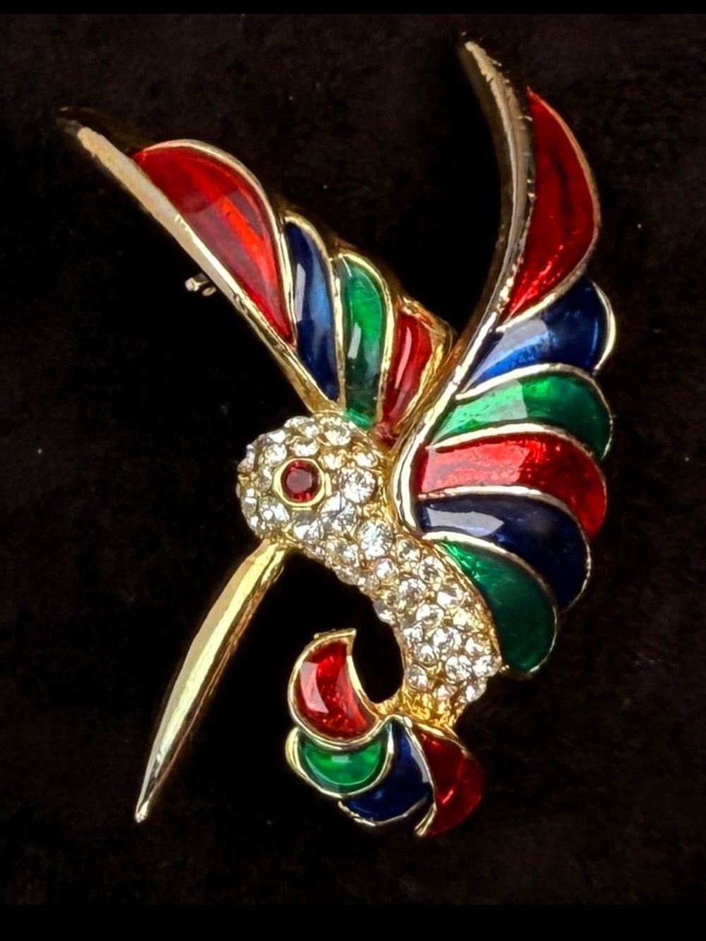 Goldtone, bling enamel, hummingbird brooch pin